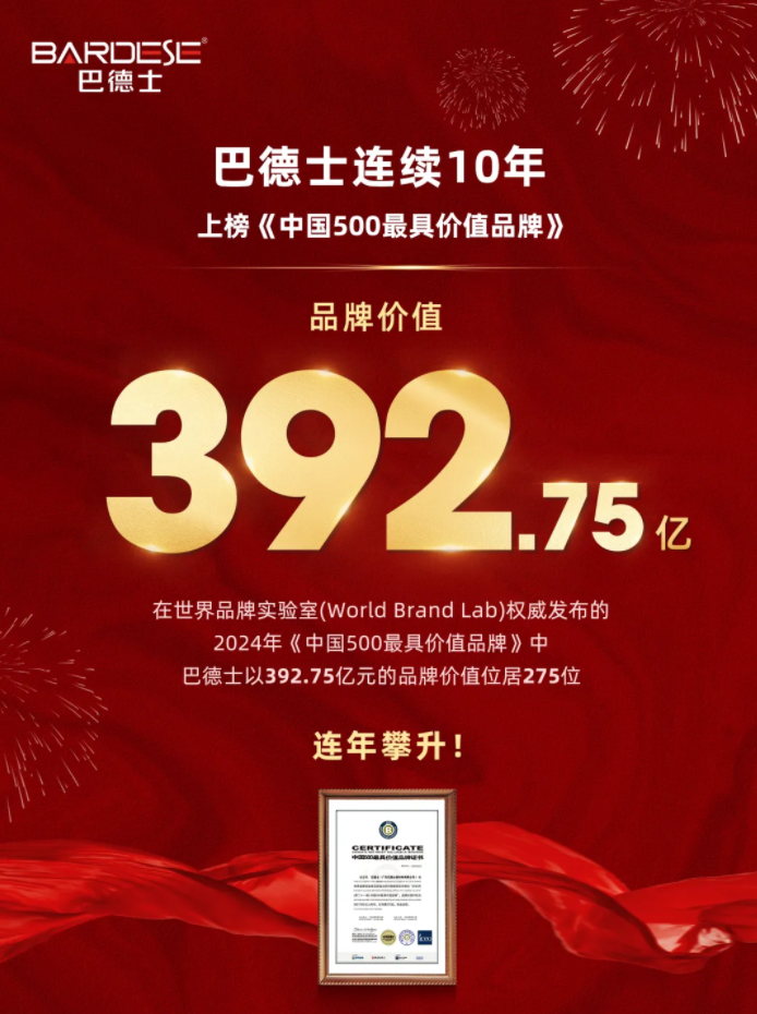 392.75亿！巴德士连续10年上榜中国500最具价值品牌！